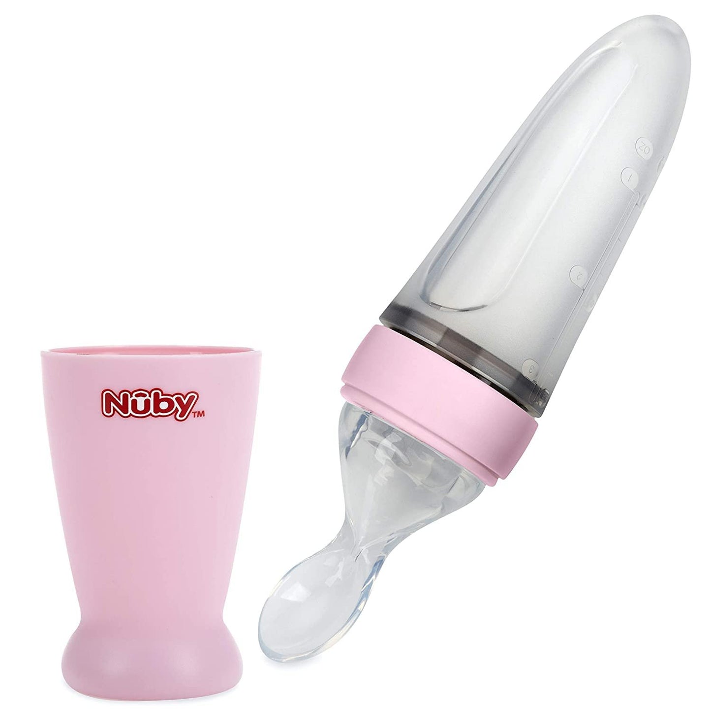 Nuby New & Improved Silicone Food Dispensing Squeeze Feeder with Cover & Stand, 4+ Months/ 3 Oz/ 90 Ml, Colors Vary: Blue, Pink, Green (Pink)