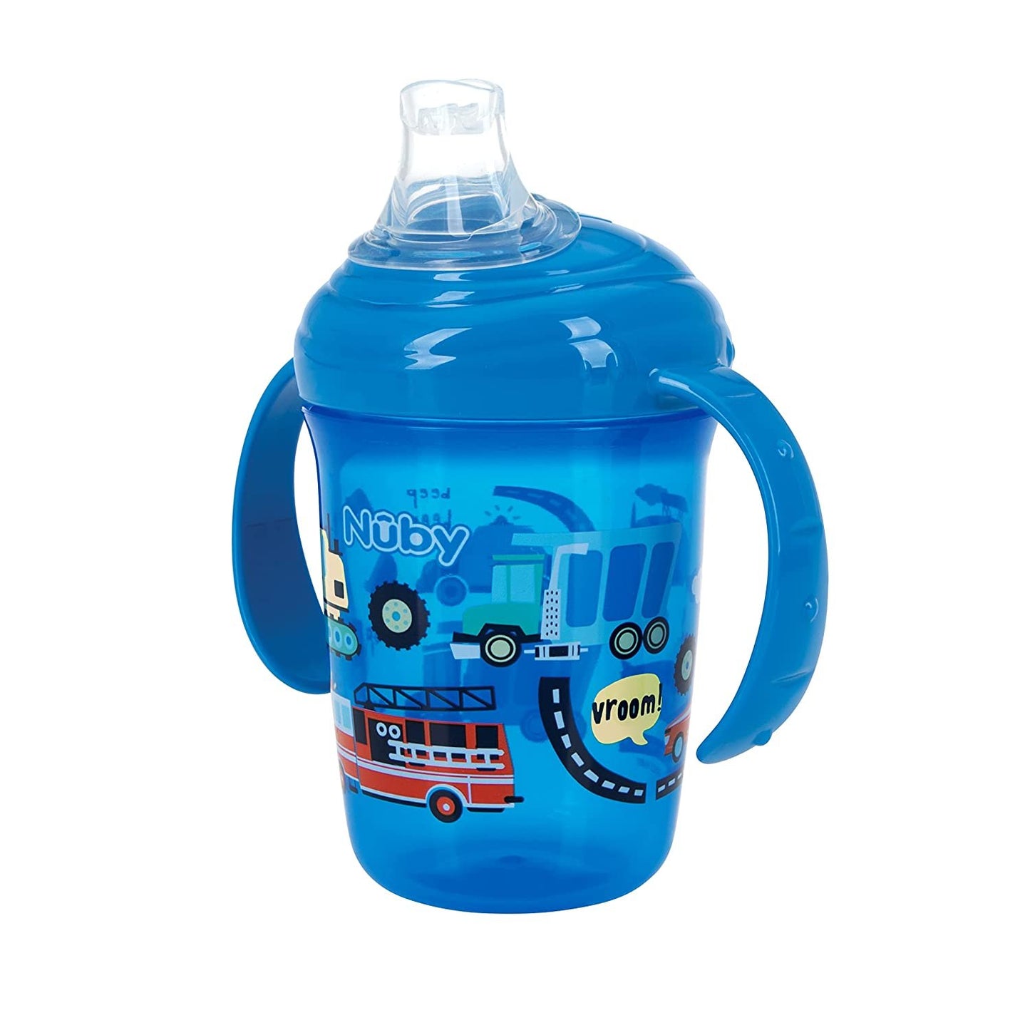 Nuby 2-Handle No-Spill Printed Trainer Cup with Soft Spout and Hygienic Cover - 8oz/ 240 ml, 4+ Months, 1 pk Blue with Automobiles Print.