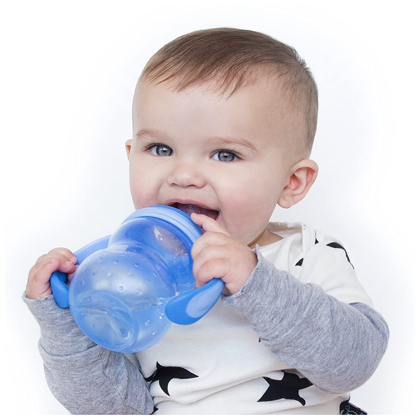 Nuby 3-Stage Wide Neck No Spill Bottle with Handles And Non-Drip Juice Spout, 3 Months, 8 Ounce, Teal