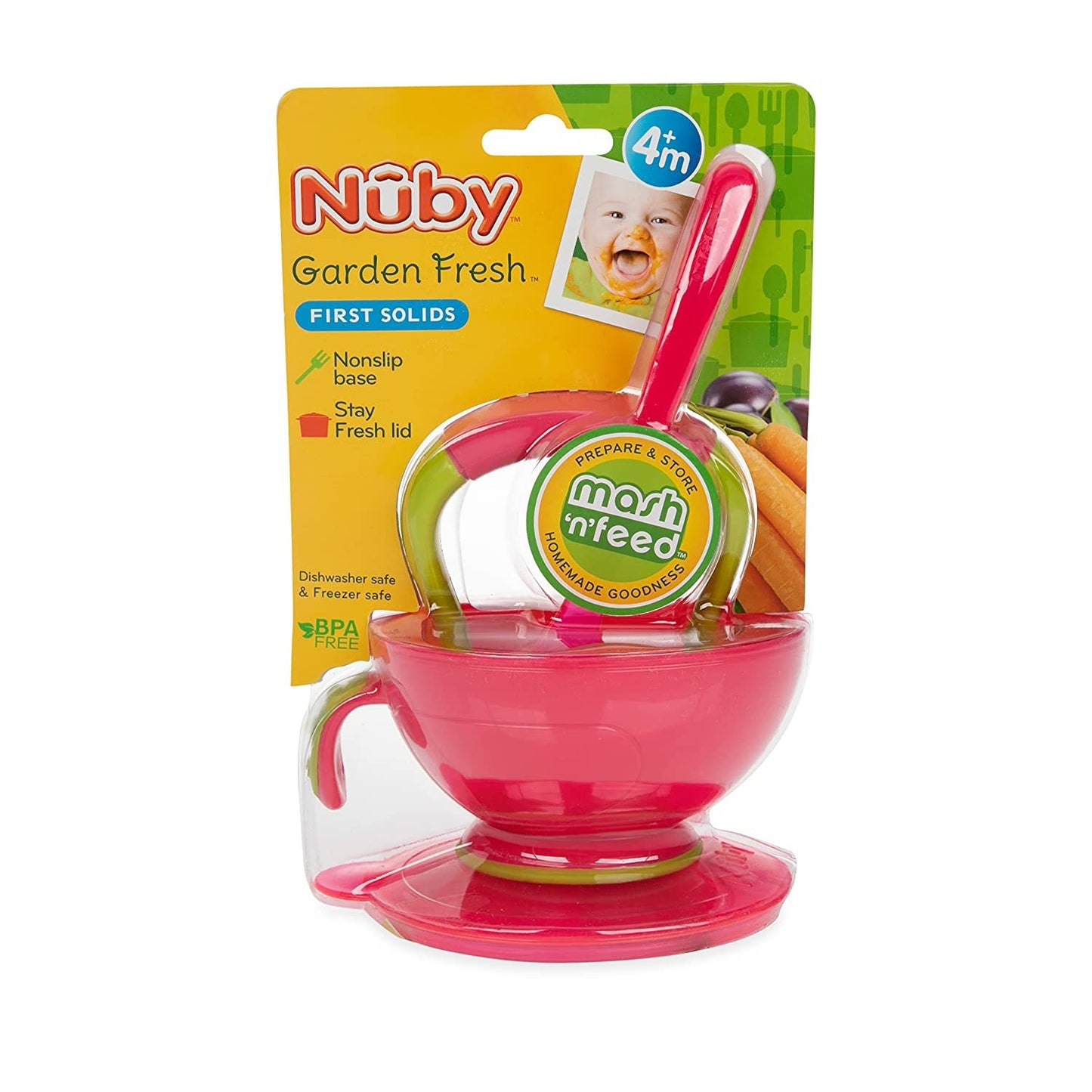 Nuby Garden Fresh Mash N' Feed Bowl with Spoon and Food Masher (Red/Green)