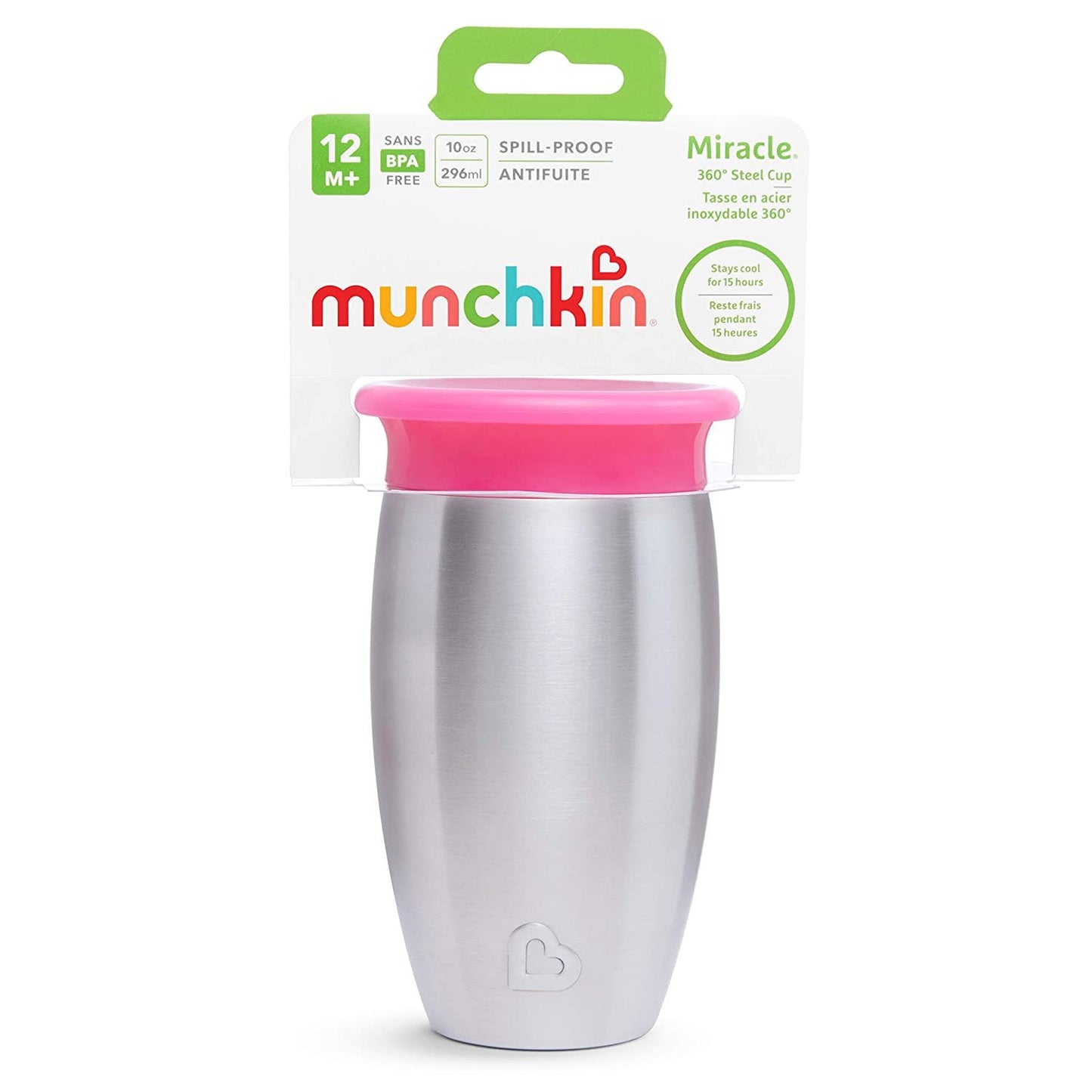 Munchkin Stainless Steel Miracle 360 10oz Sippy Cup, Pink