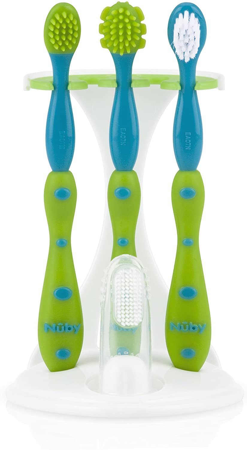 Nuby 4-Stage Oral Care Set with 1 Silicone Finger Massager, Massaging Brushes, 1 Nylon Bristle Toddler Tooth Brush,