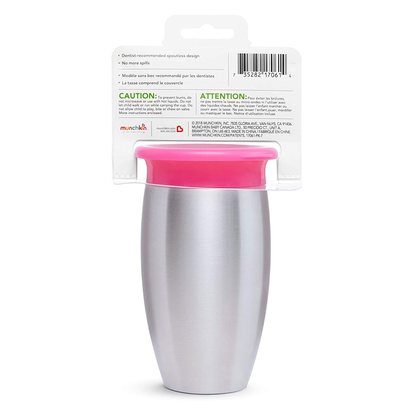 Munchkin Stainless Steel Miracle 360 10oz Sippy Cup, Pink