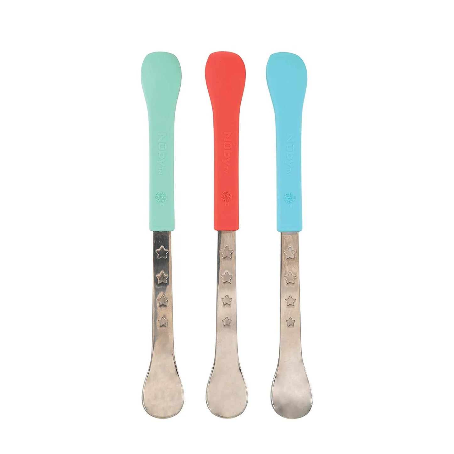 Nuby 2-in-1 Stainless Steel and Silicone Baby Weaning Spoons with Long Handles - 6+ Months, 3-Pack