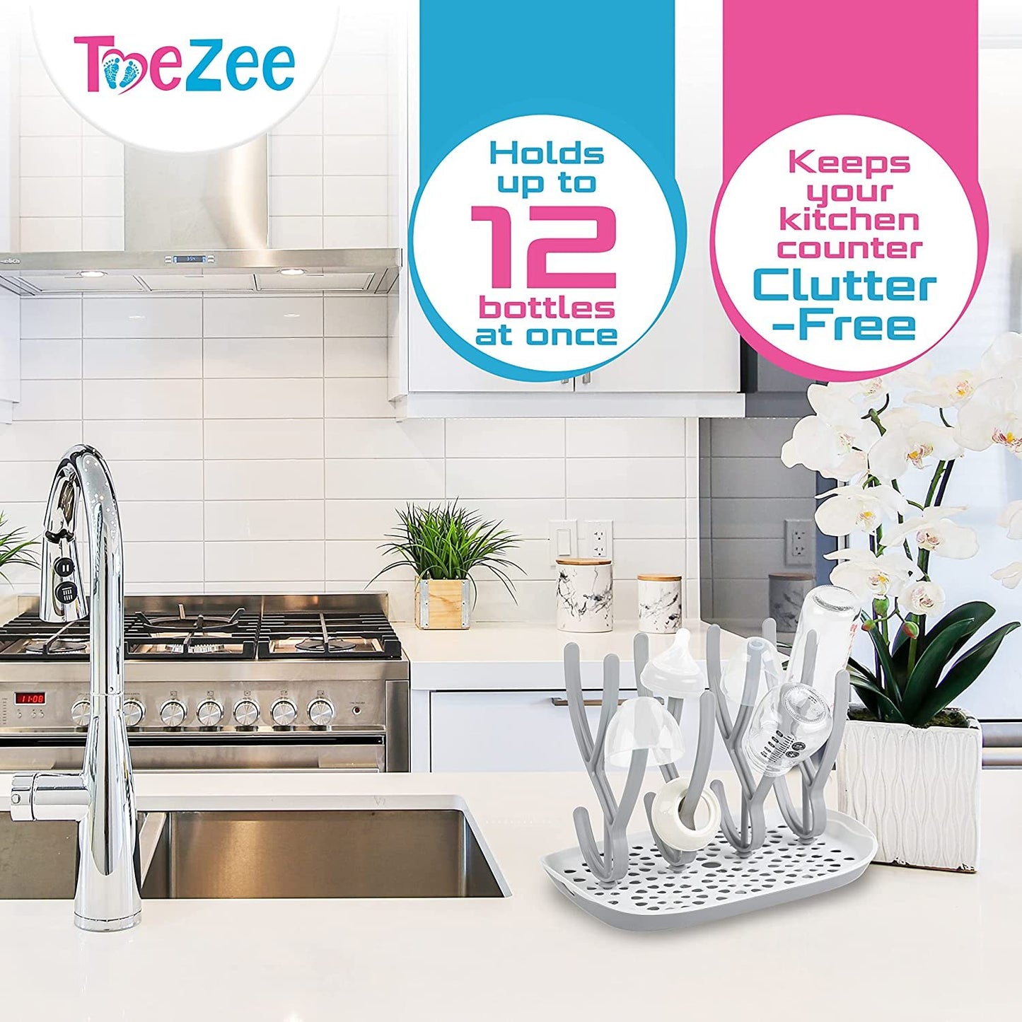 ToeZee Baby Bottle Drying Rack Space Saving Countertop Baby Bottle Holder, Drying Rack for Baby Bottles Accessories - Stores Up to 12 Bottles, Dishwasher Safe (Aqua)