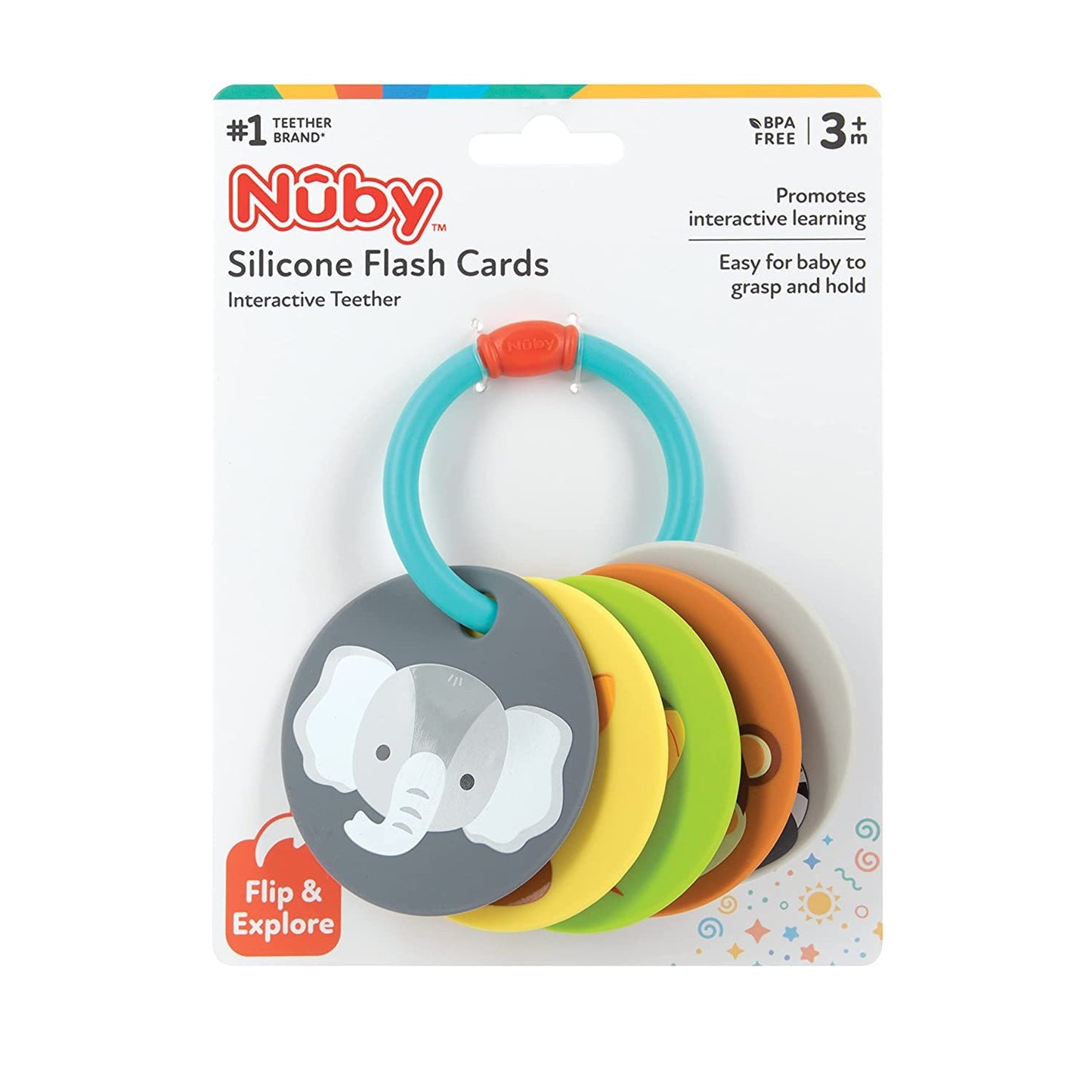 Nuby Silicone Double Sided Animal Flash Cards & Interactive Teether - 3+ Months