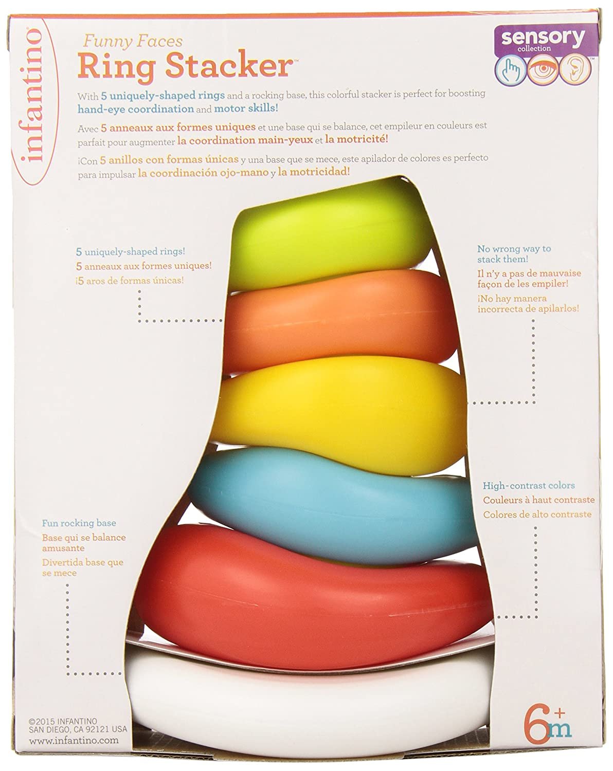 Infantino Funny Faces Ring Stacker Colorful Baby and Toddler Toys for Motor Skills, 5 Pieces