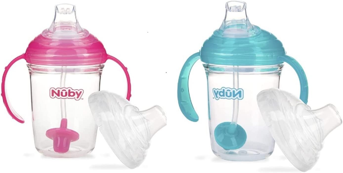 Nuby No Spill 360 Weighted Straw Grip N' Sip Tritan Cup with Hygienic Cover, 8 Oz, Trainer Cup