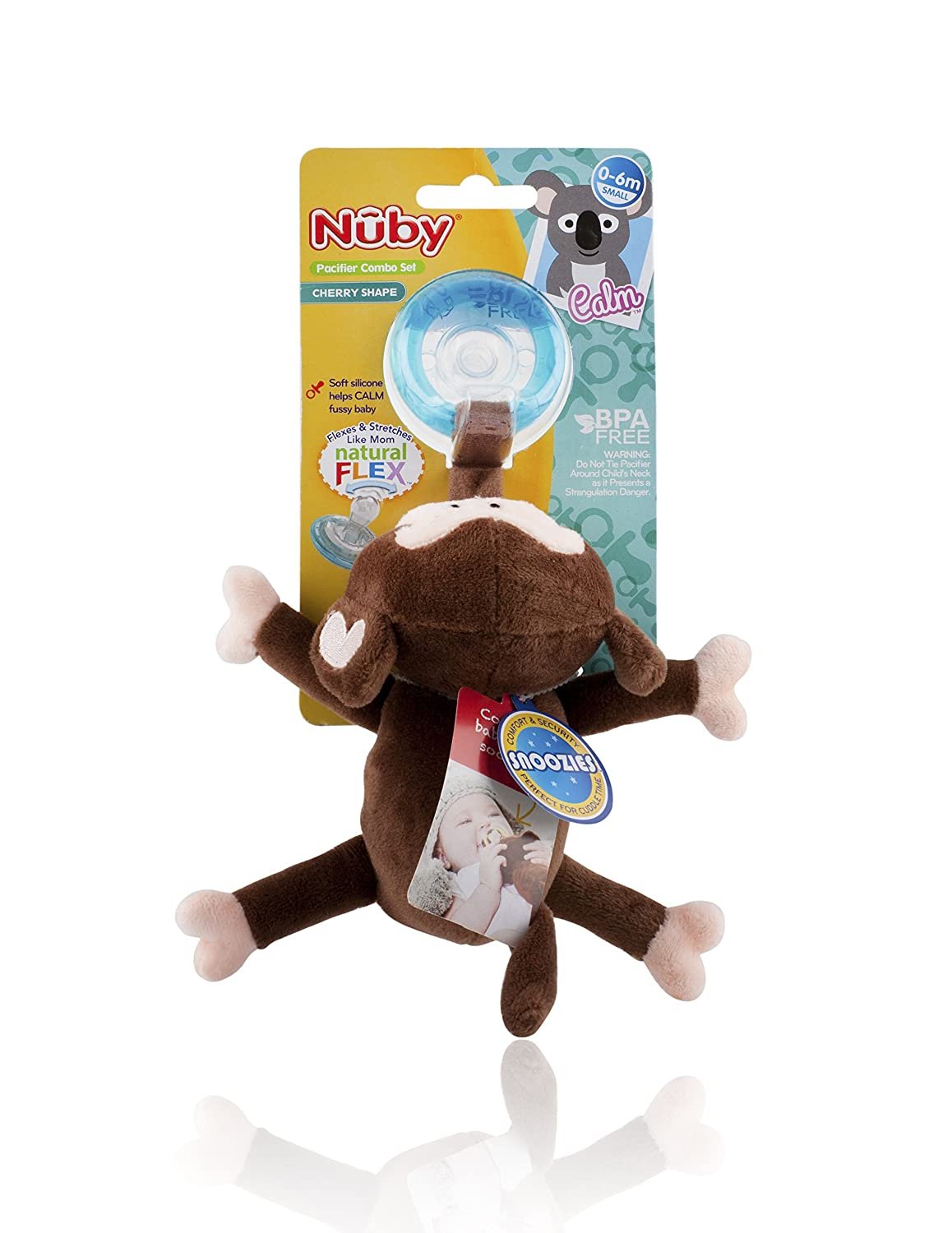 Nuby Natural Flex Cherry Pacifier with Snoozie Combo Set, Monkey, 0-6 Months