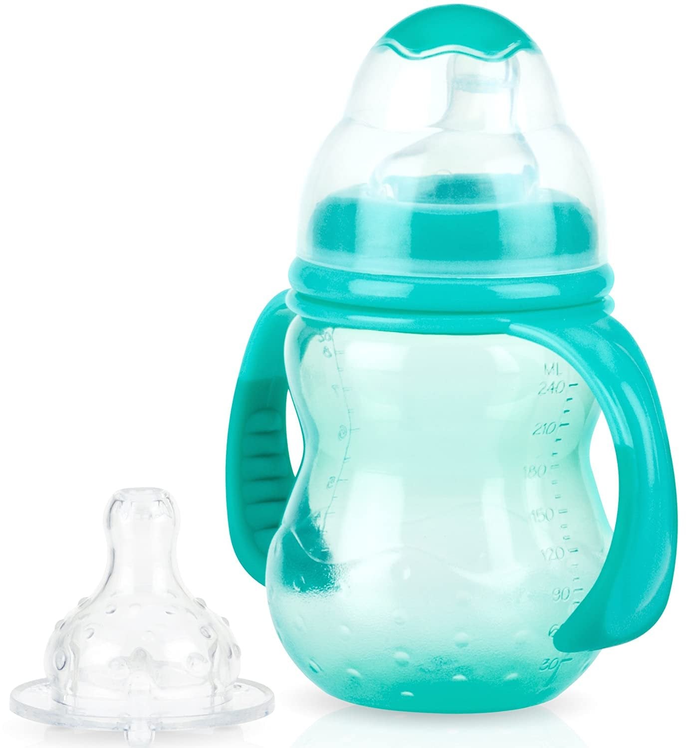 Nuby 3-Stage Wide Neck No Spill Bottle with Handles And Non-Drip Juice Spout, 3 Months, 8 Ounce, Teal