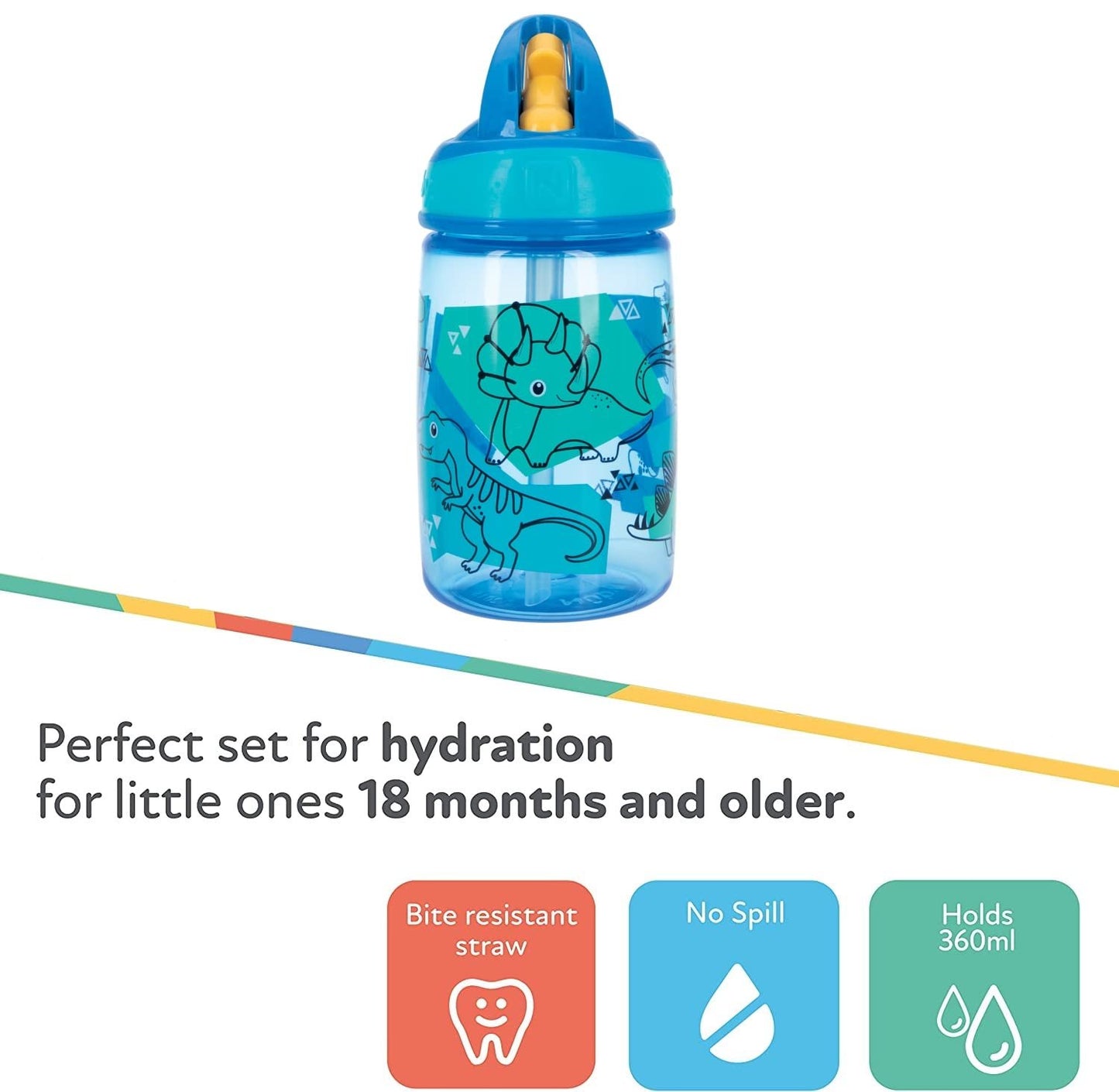 Nuby Flip-it Kids On-The-Go Printed Water Bottle with Bite Proof Hard Straw - 12oz / 360 ml, 18+ Months, 1pk Prints May Vary
