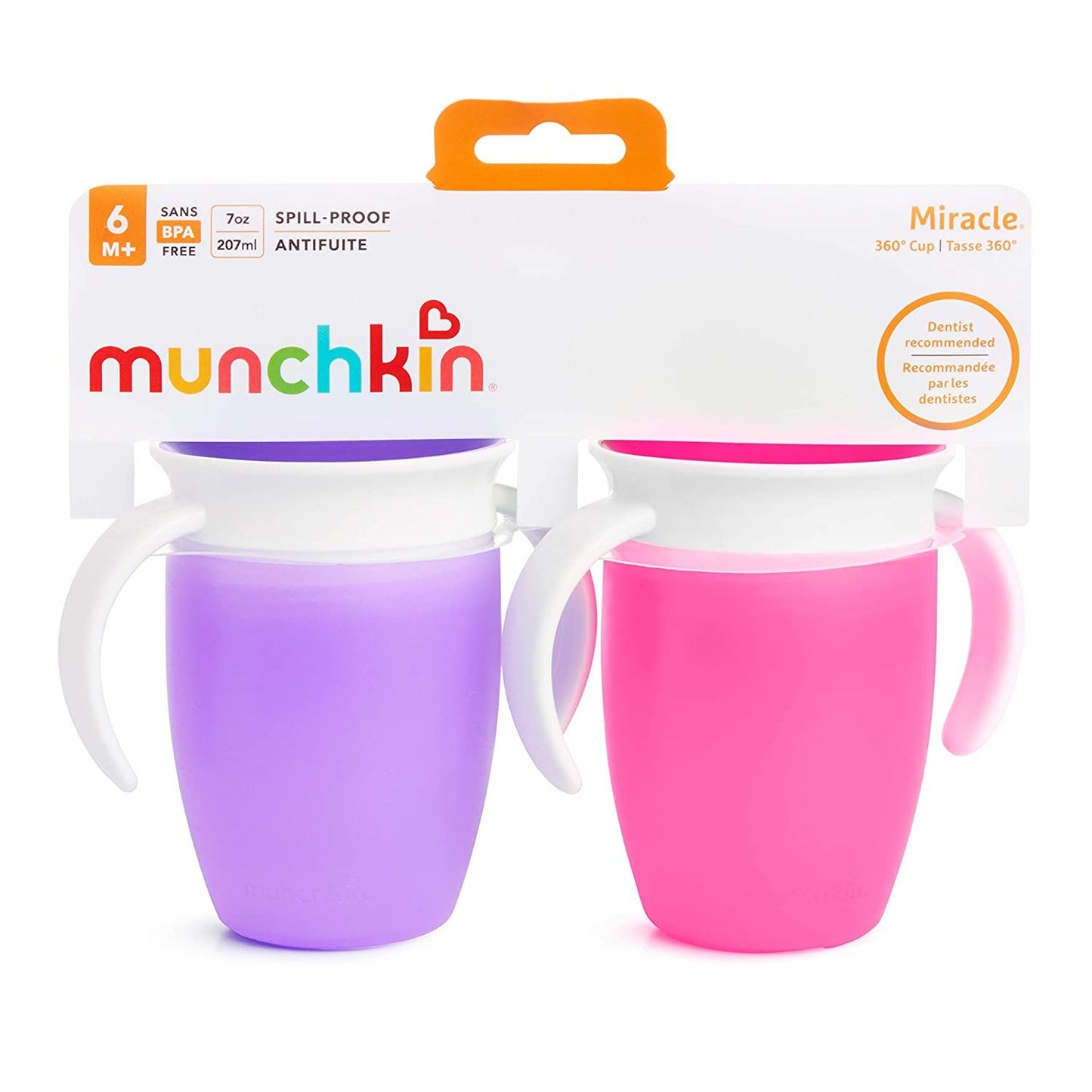 Munchkin Miracle 360 Trainer Spoutless Cup, 7oz, Pink/Purple, 2 Pack
