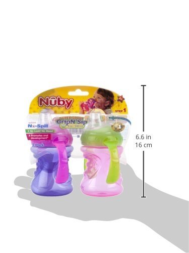 Nuby No-Spill Super Spout Grip N' Sip Cups 2 Pack, Orange/Green