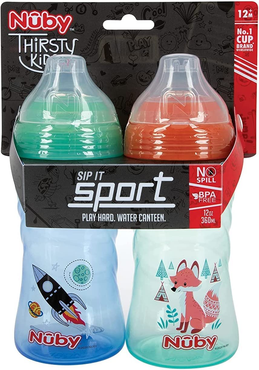 Nuby 2 Pack No Spill Printed Thirsty Kids No-Spill Sip-it Sport Cup with Soft Spout and Lid - 12oz, 12+ Months, 2 Pack, dog / leopard