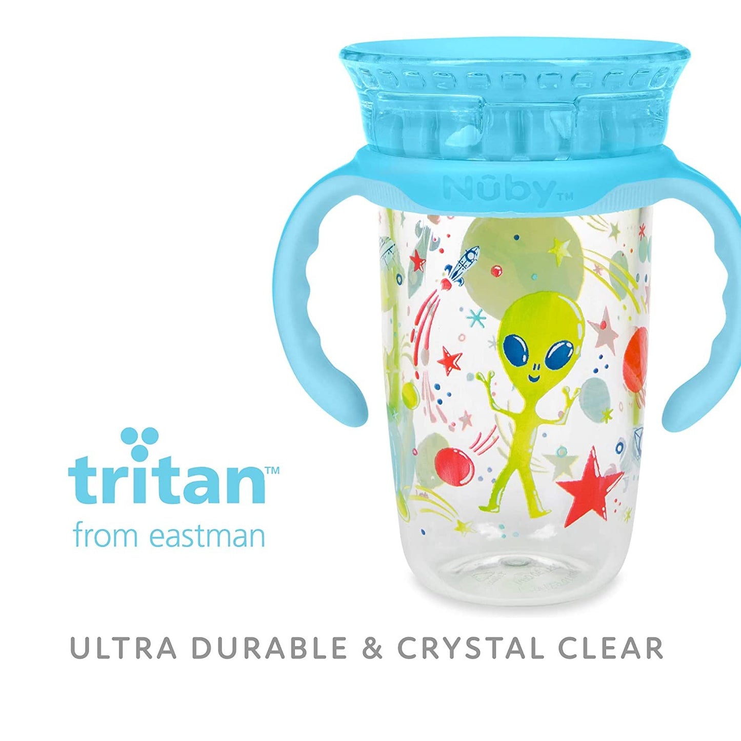 Luv N Care/NUBY Nuby 360 Edge 2 Stage Drinking Rim Cup with Removable Handles & hygienic Cover: 10 Oz/ 300 Ml, 12M+, Space, Aqua