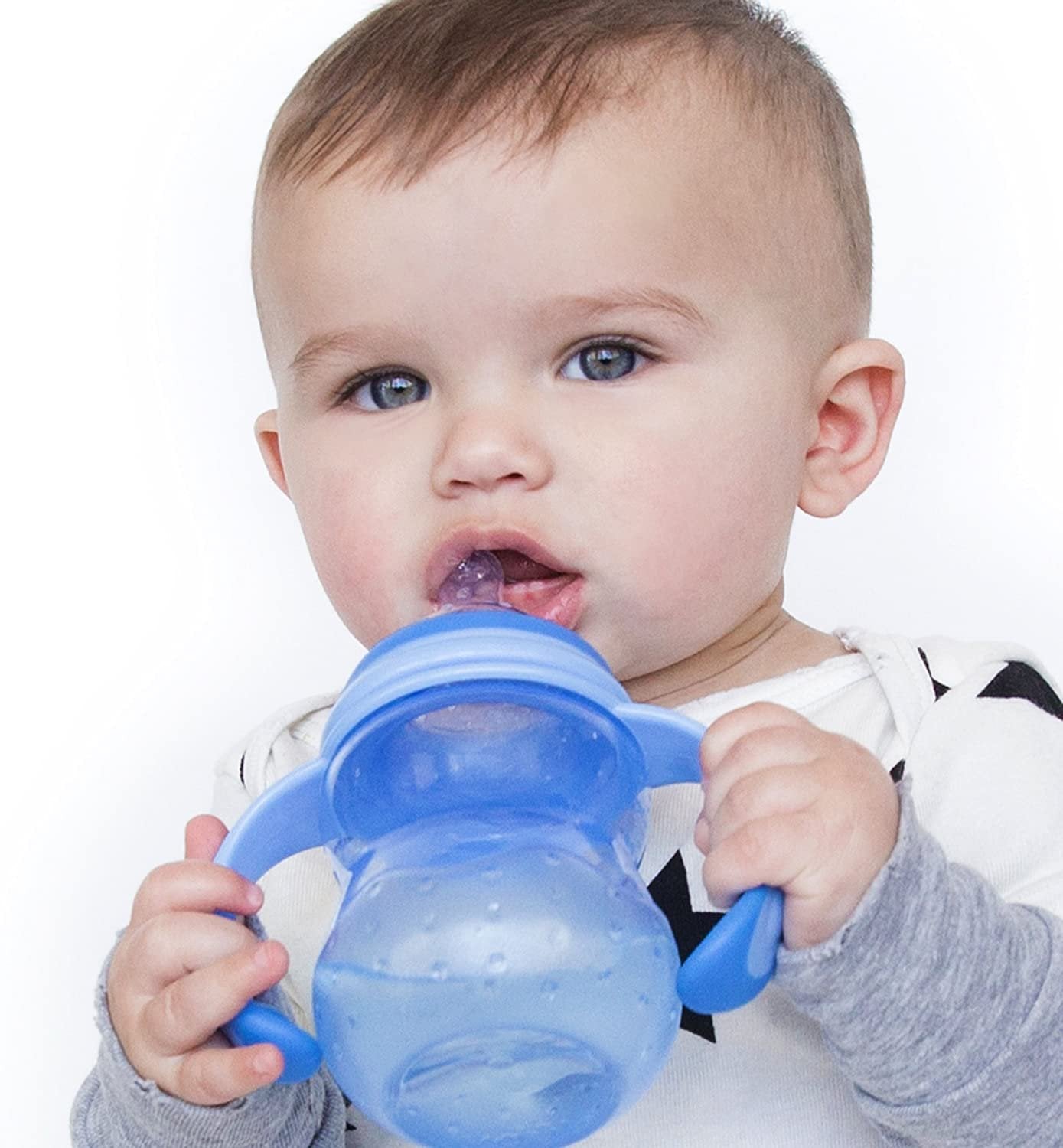 Nuby 3-Stage Wide Neck No Spill Bottle with Handles And Non-Drip Juice Spout, 3 Months, 8 Ounce, Teal