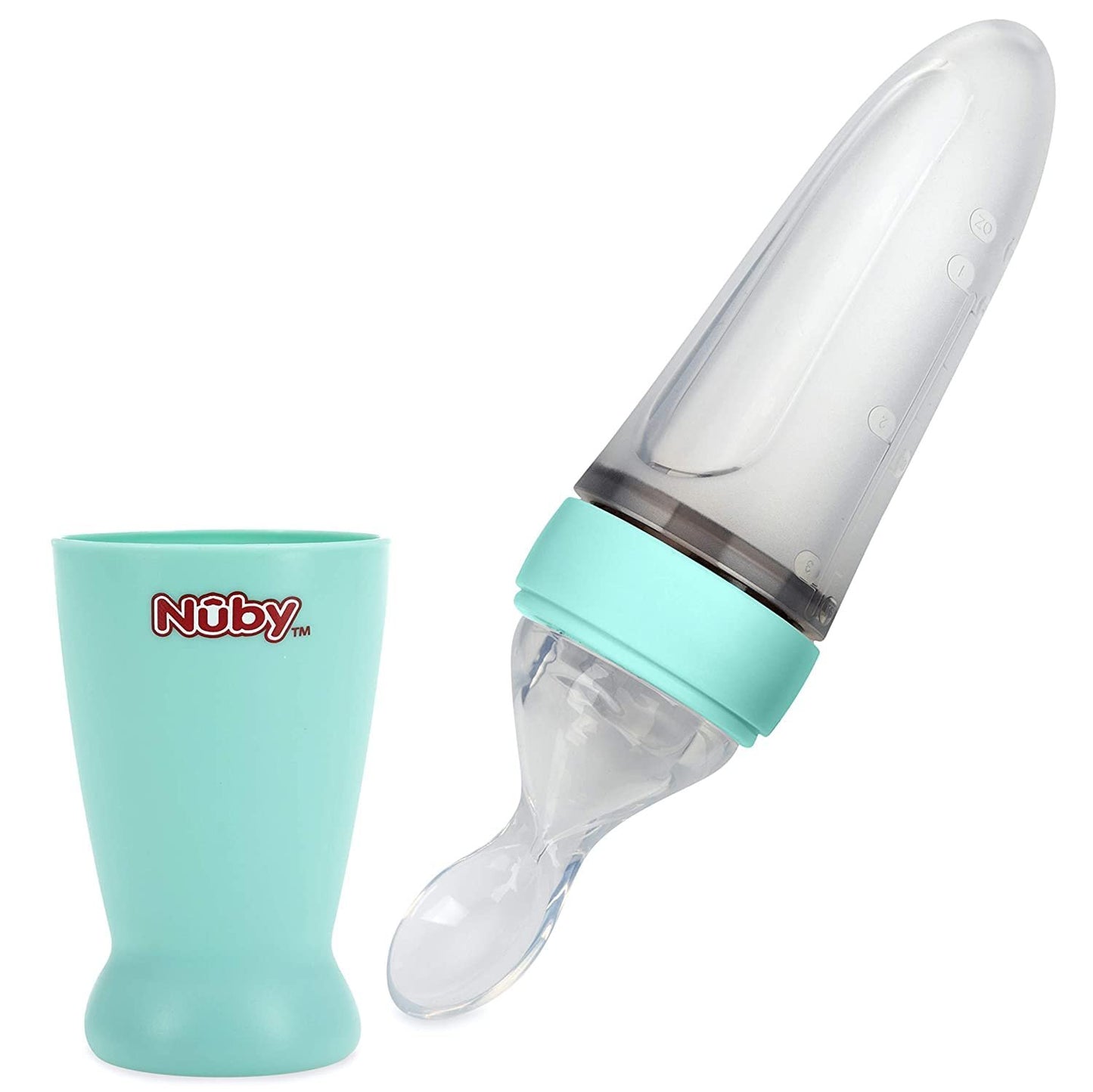 Nuby New & Improved Silicone Food Dispensing Squeeze Feeder with Cover & Stand, 4+ Months/ 3 Oz/ 90 Ml, Colors Vary: Blue, Pink, Green (Pink)