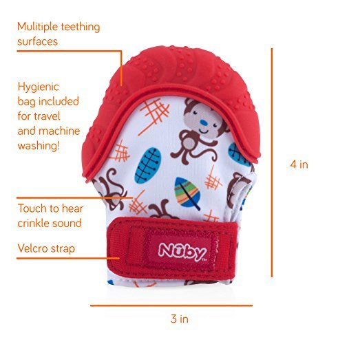 Nuby Soothing Teething Mitten with Hygienic Travel Bag, Red Monkey, 1 Count