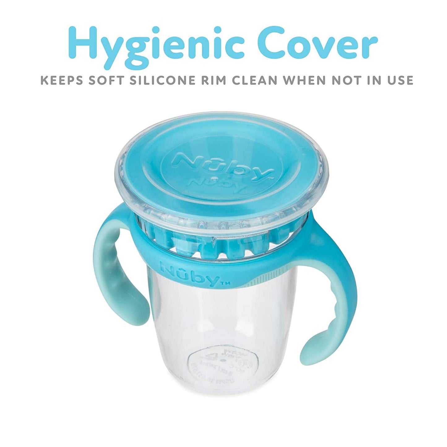 Luv N Care/NUBY Nuby 360 Edge 2 Stage Drinking Rim Cup with Removable Handles & hygienic Cover: 8 Oz/ 240 Ml, 12M+, Aqua 80661