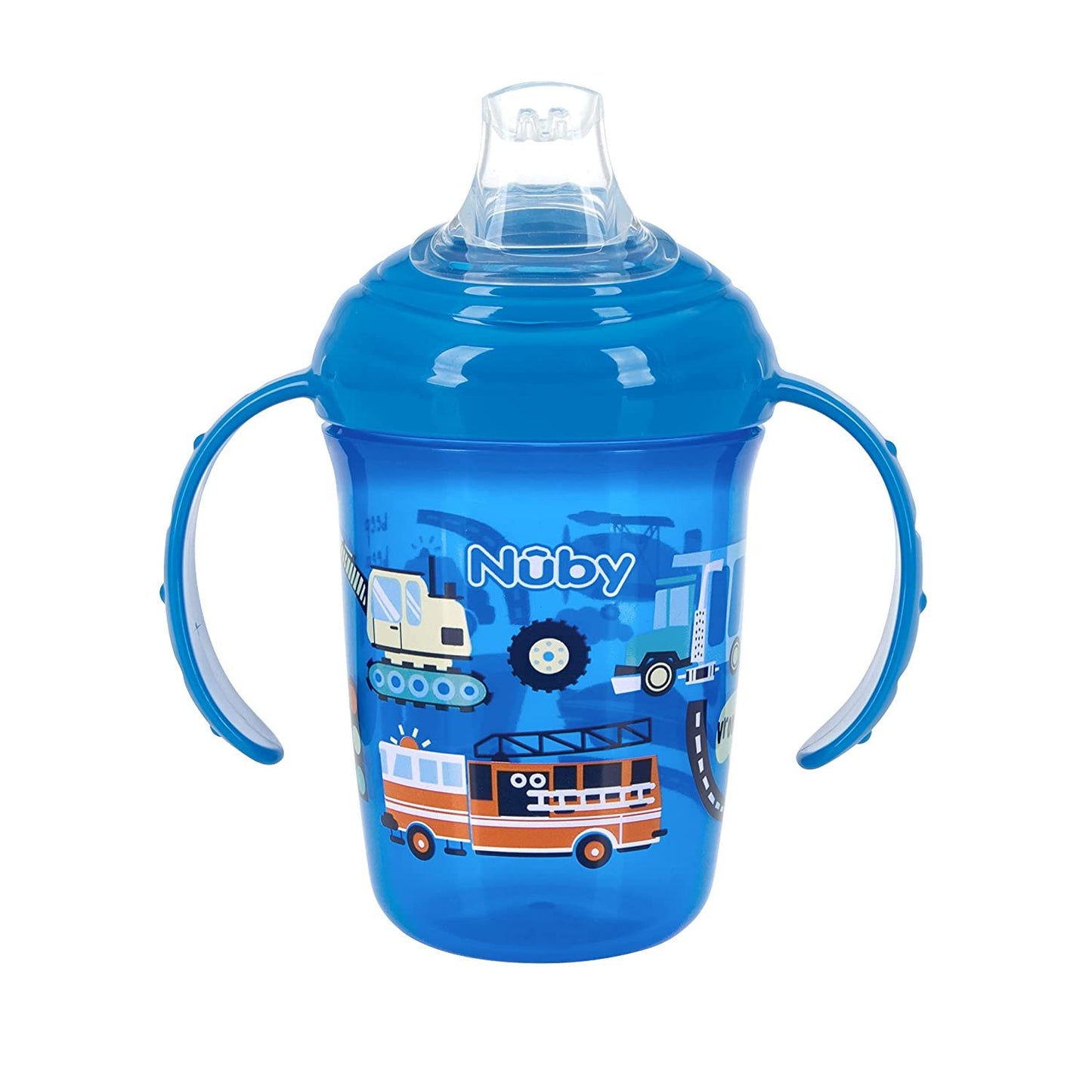 Nuby 2-Handle No-Spill Printed Trainer Cup with Soft Spout and Hygienic Cover - 8oz/ 240 ml, 4+ Months, 1 pk Blue with Automobiles Print.