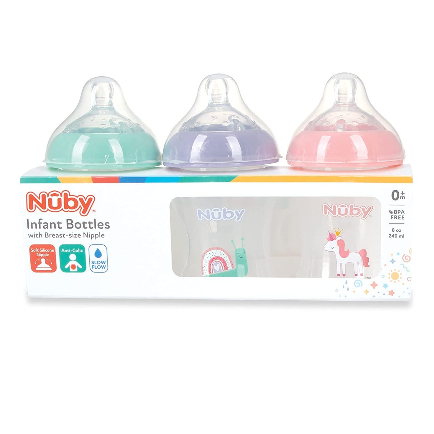 Nuby 3-Pack Infant Feeding Bottles with Slow Flow Breast Size Silicone Nipple: 0+ Months, 8oz, 3 Pack Set: Delicate Llama, Snail, Unicorn Prints