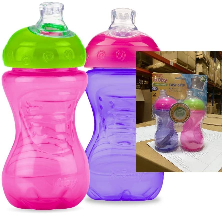 Nuby No-Spill Super Spout Easy Grip Cup, 10 Ounce, 6 Month (Pink and Purple)