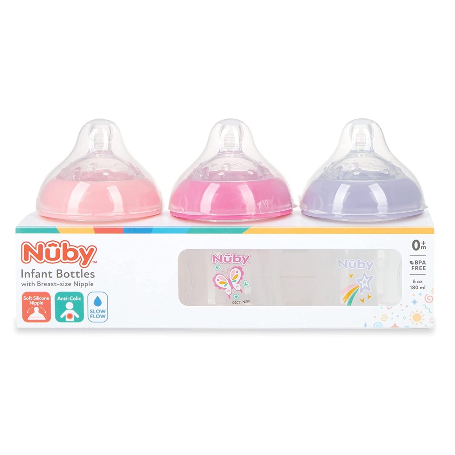 Nuby 3-Pack Infant Feeding Bottles with Slow Flow Breast Size Silicone Nipple: 0+ Months, 6oz, 3 Pack Set: Delicate Star, Rainbow, Butterfly Prints