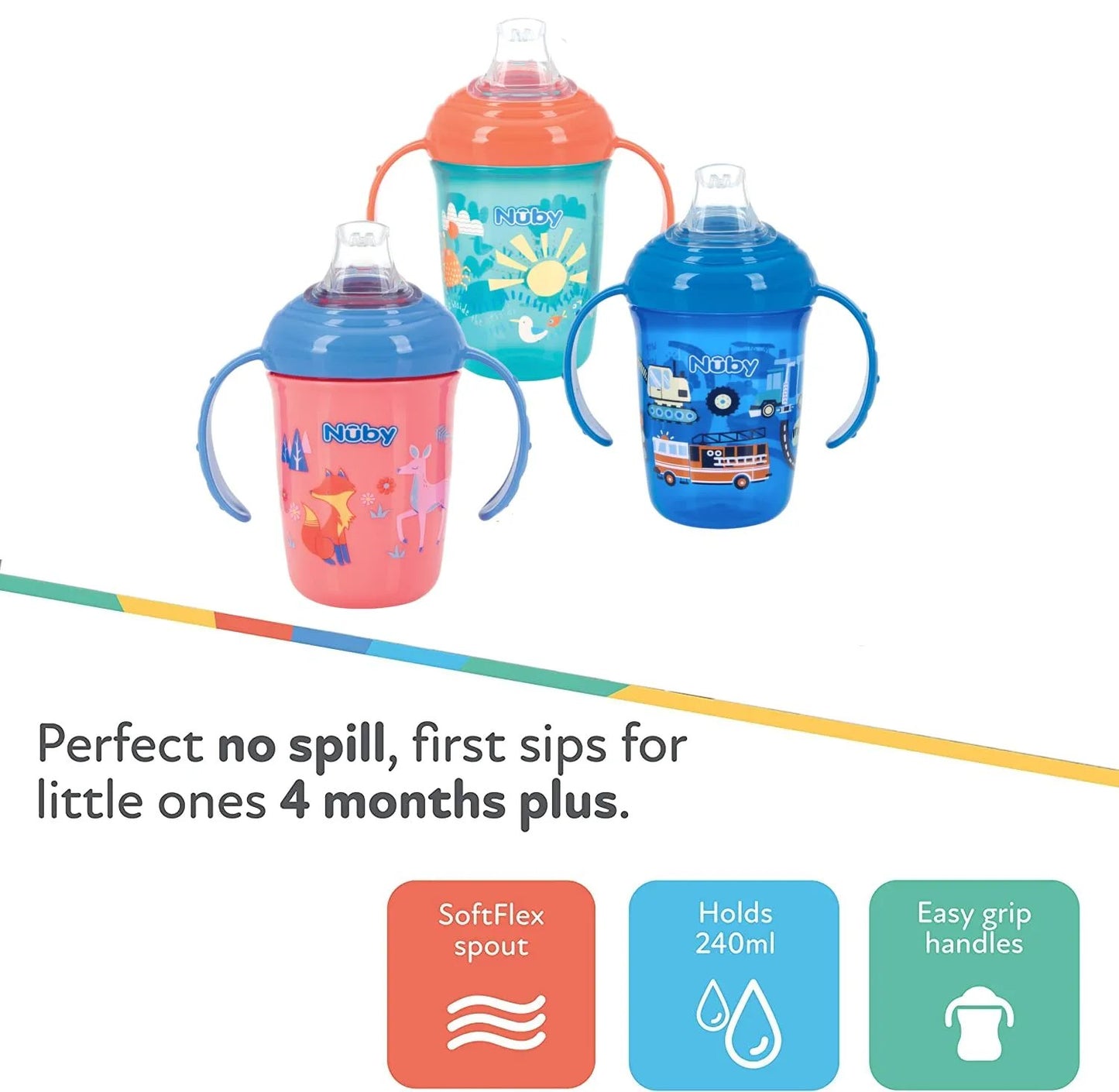 Nuby 2-Handle No-Spill Printed Trainer Cup with Soft Spout and Hygienic Cover - 8oz/ 240 ml, 4+ Months, 1 pk Colors and Prints May Vary