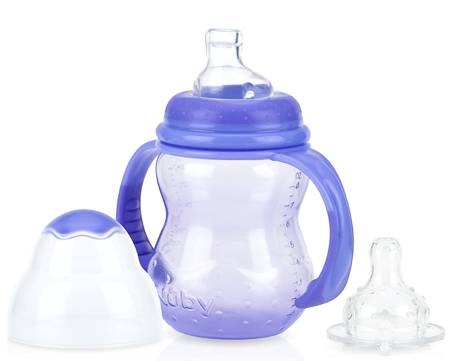 Nuby 3-Stage Wide Neck No Spill Bottle with Handles And Non-Drip Juice Spout, 3 Months, 8 Ounce, Teal