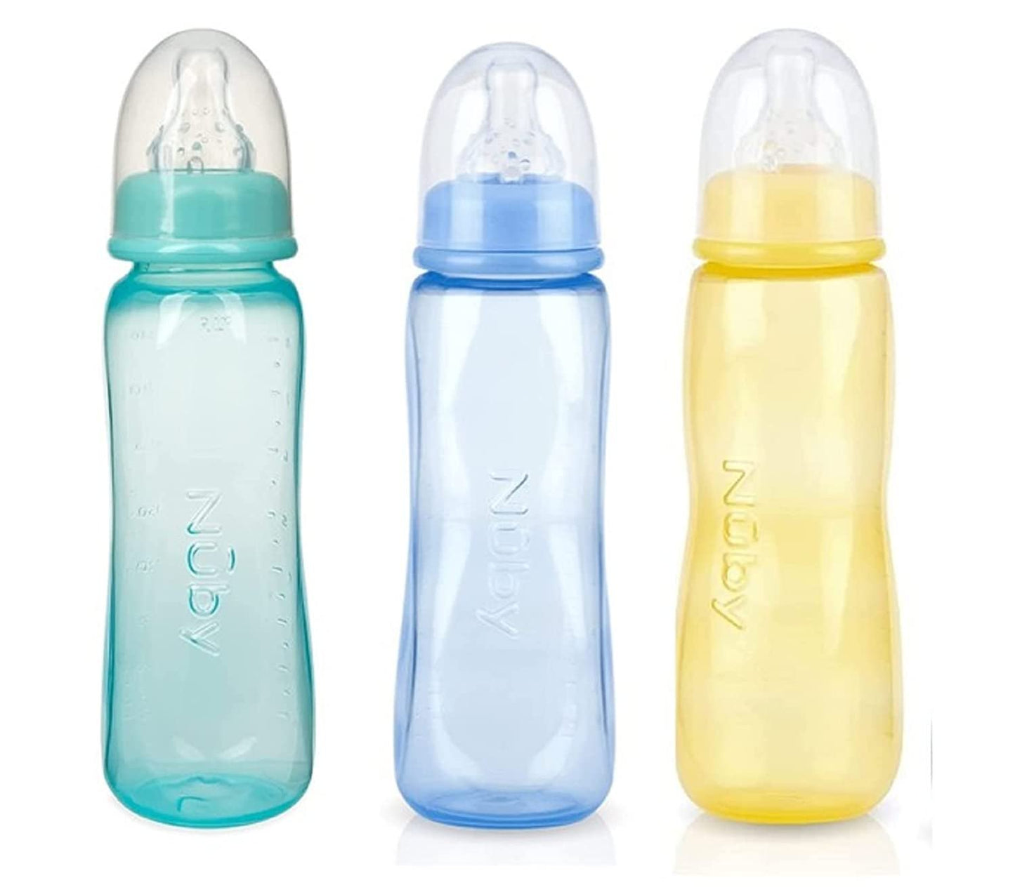 Nuby Standard Neck Tinted Bottle, 8oz, 3+ Months, Triple Pack, (Blue/Green/Yellow)