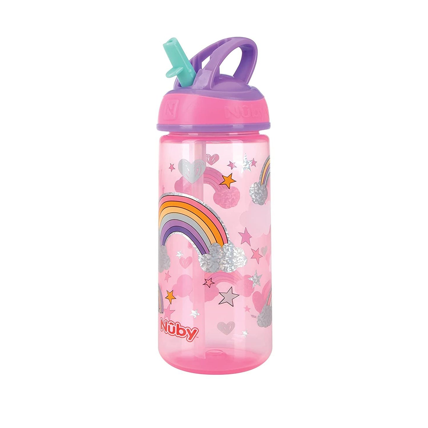 Nuby 2 Pack Iridescent Flip-it Kids On-The-Go Printed Water Bottle with Bite Proof Hard Straw - 18oz / 540 ml, 18+ Months, 2 pk Prints May Vary