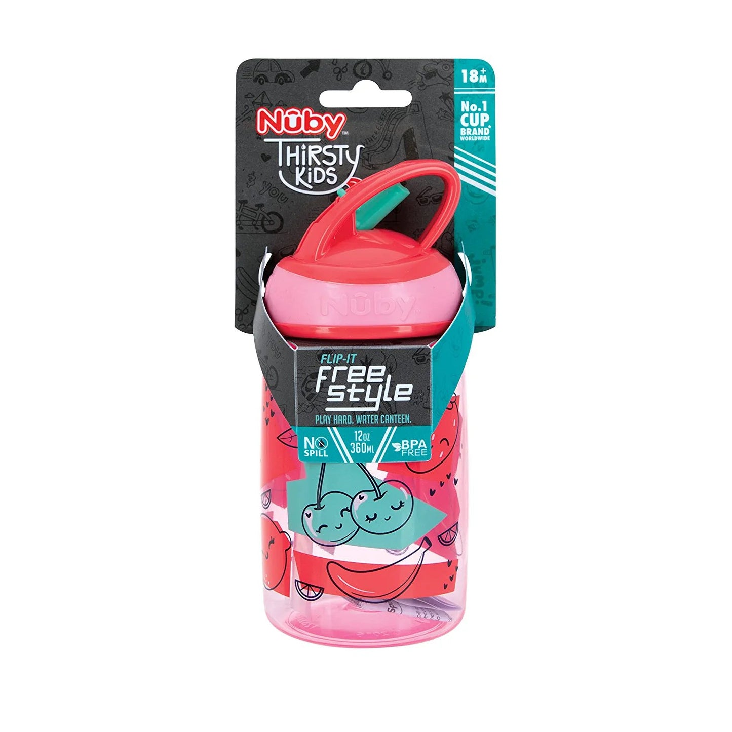 Nuby Flip-it Kids On-The-Go Printed Water Bottle with Bite Proof Hard Straw - 12oz / 360 ml, 18+ Months, 1pk Fruits