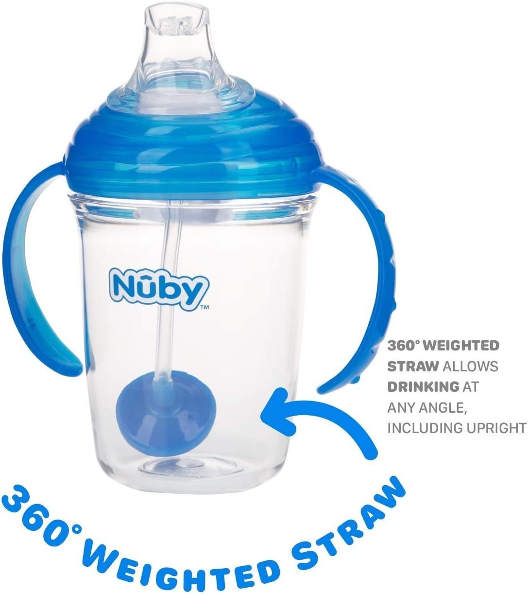 Nuby No Spill 360 Weighted Straw Grip N' Sip Tritan Cup with Hygienic Cover, 8 Oz, Trainer Cup