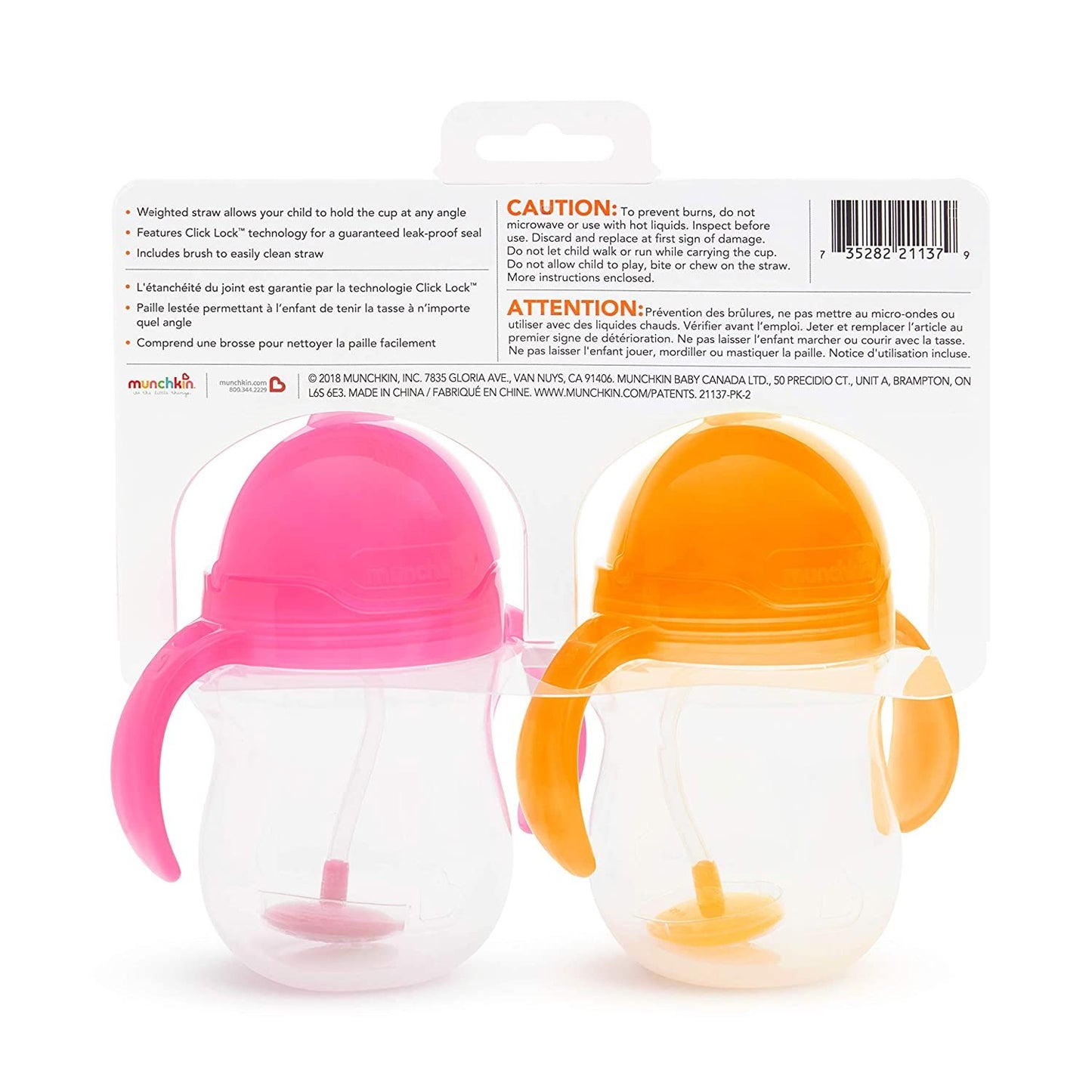 Munchkin Any Angle Click Lock Weighted Straw Trainer Cup, 7 Ounce, Pink/Orange, 2 Pack