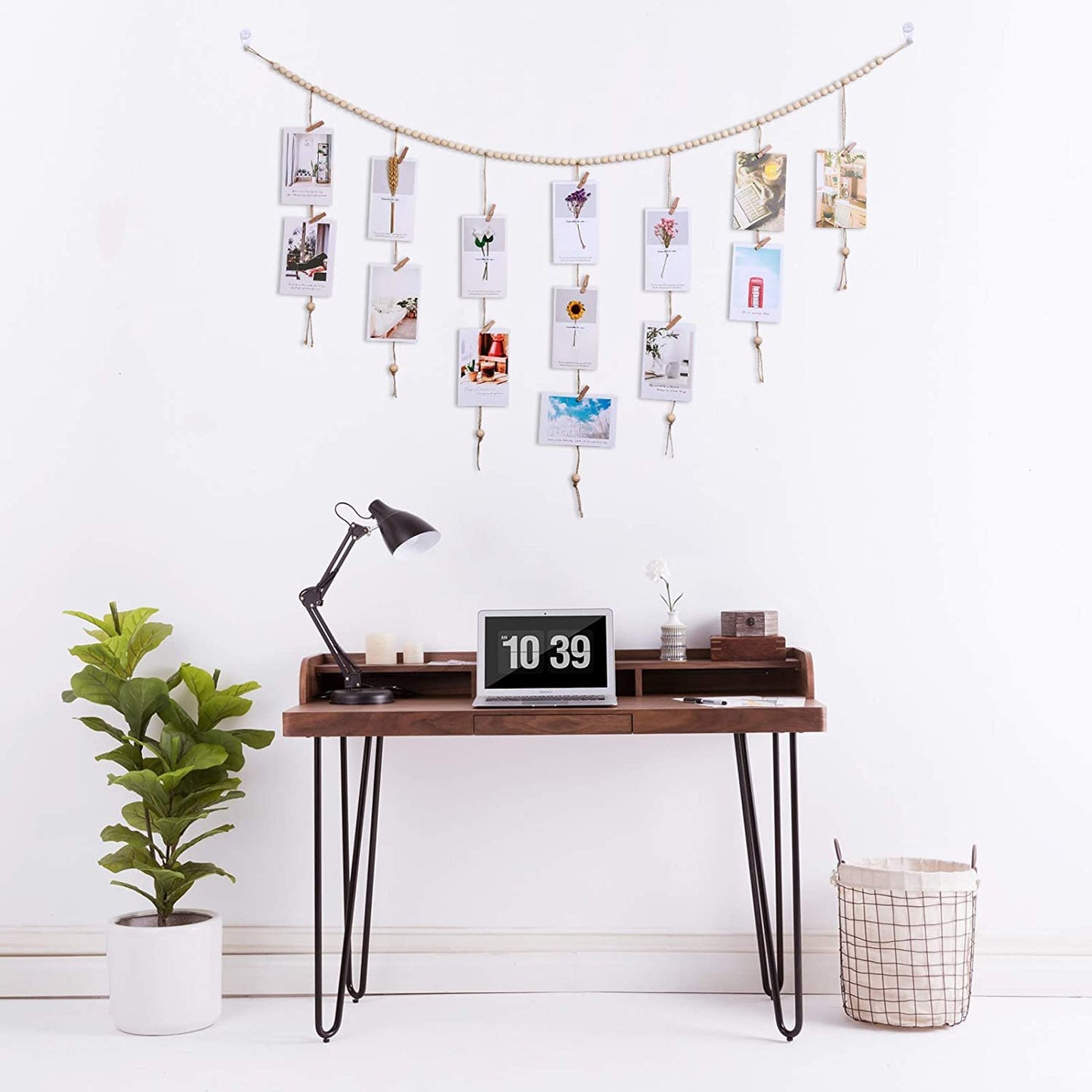 QXUJI Hanging Photo Display, Macrame Wall Hanging Pictures Holders with Wood Clips