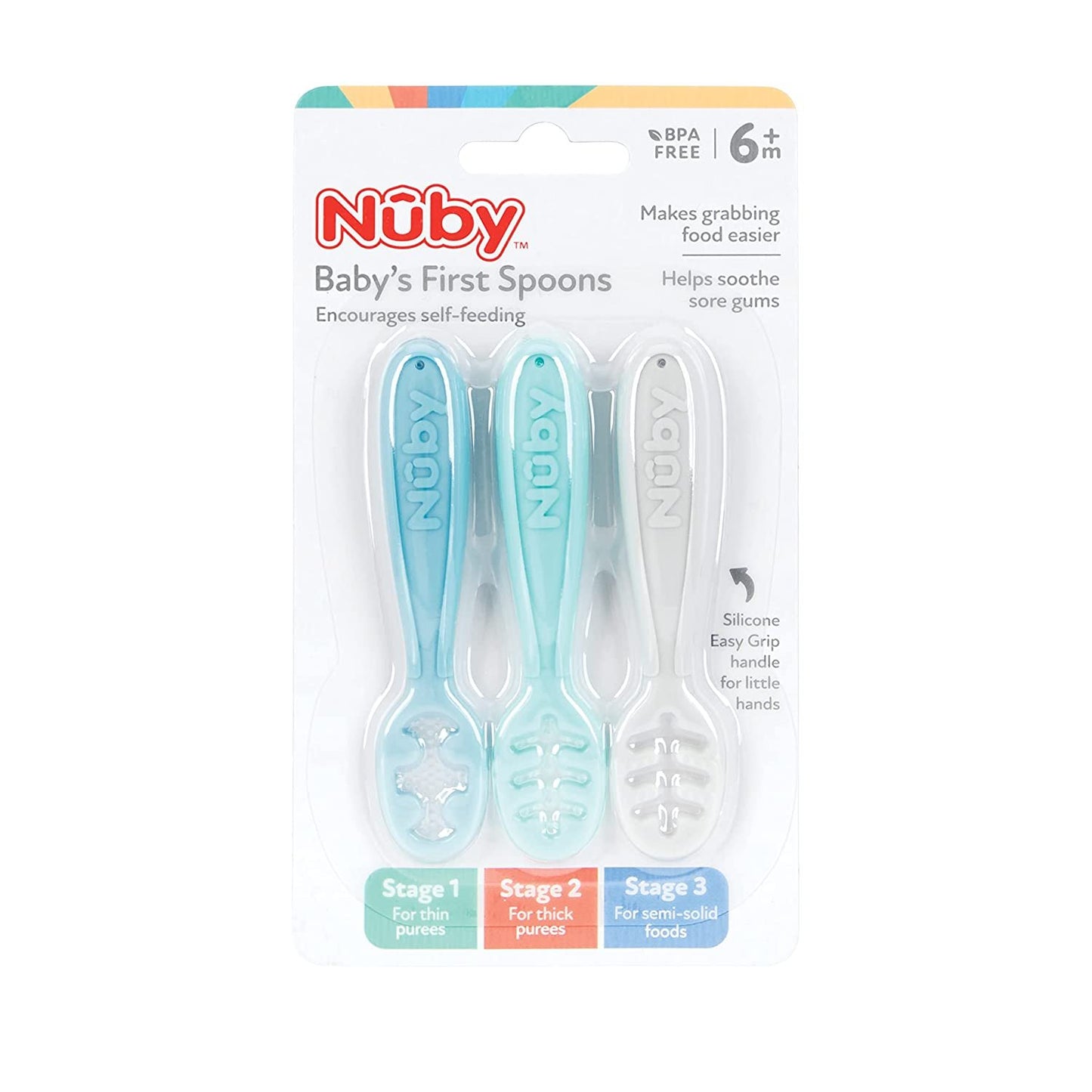 Nuby 3 Stage Baby's First Spoons with Easy Grip Handle, 3 Pack Kid's Feeding Utensil Set, 6 Months+, Boy