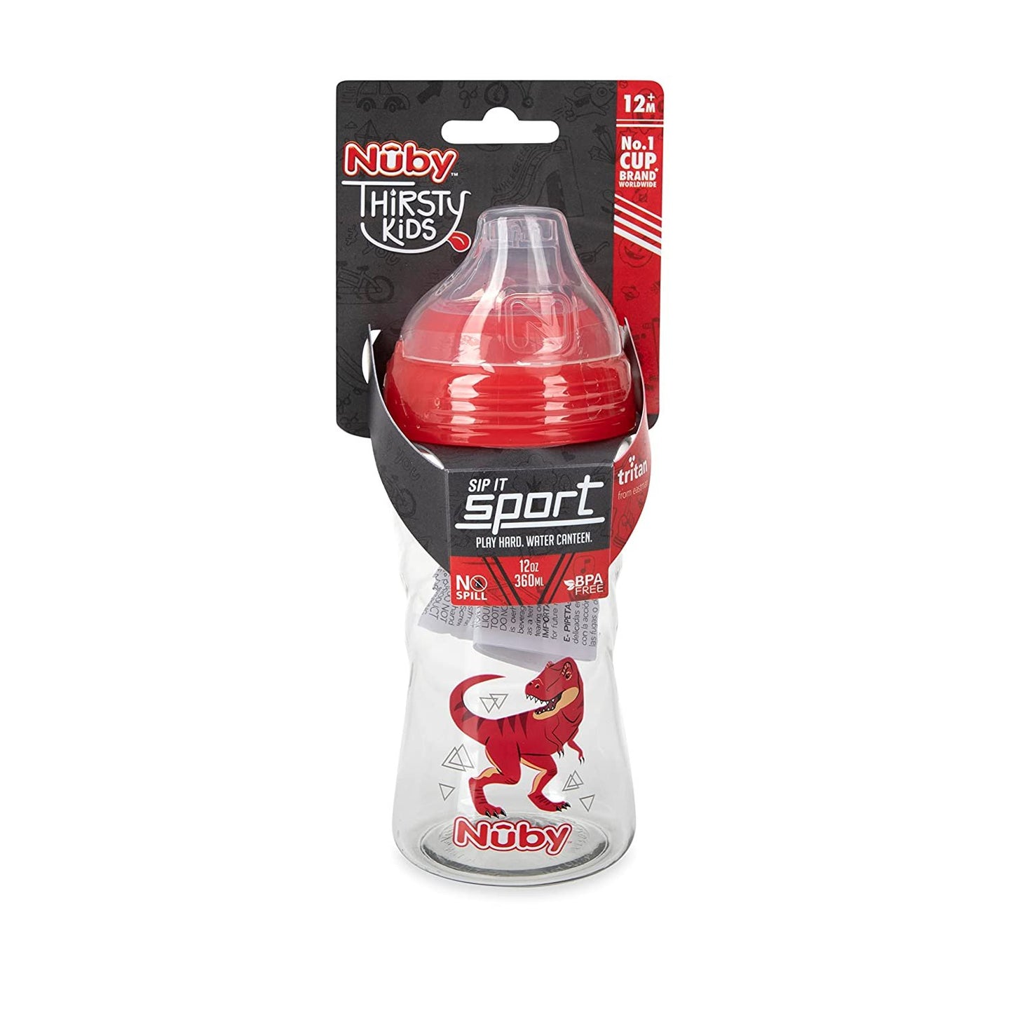 Nuby No Spill Printed Thirsty Kids No-Spill Sip-it Sport Cup with Soft Spout and Lid - 12oz / 360 ml, 12+ Months, 1 Pack, Print May Vary