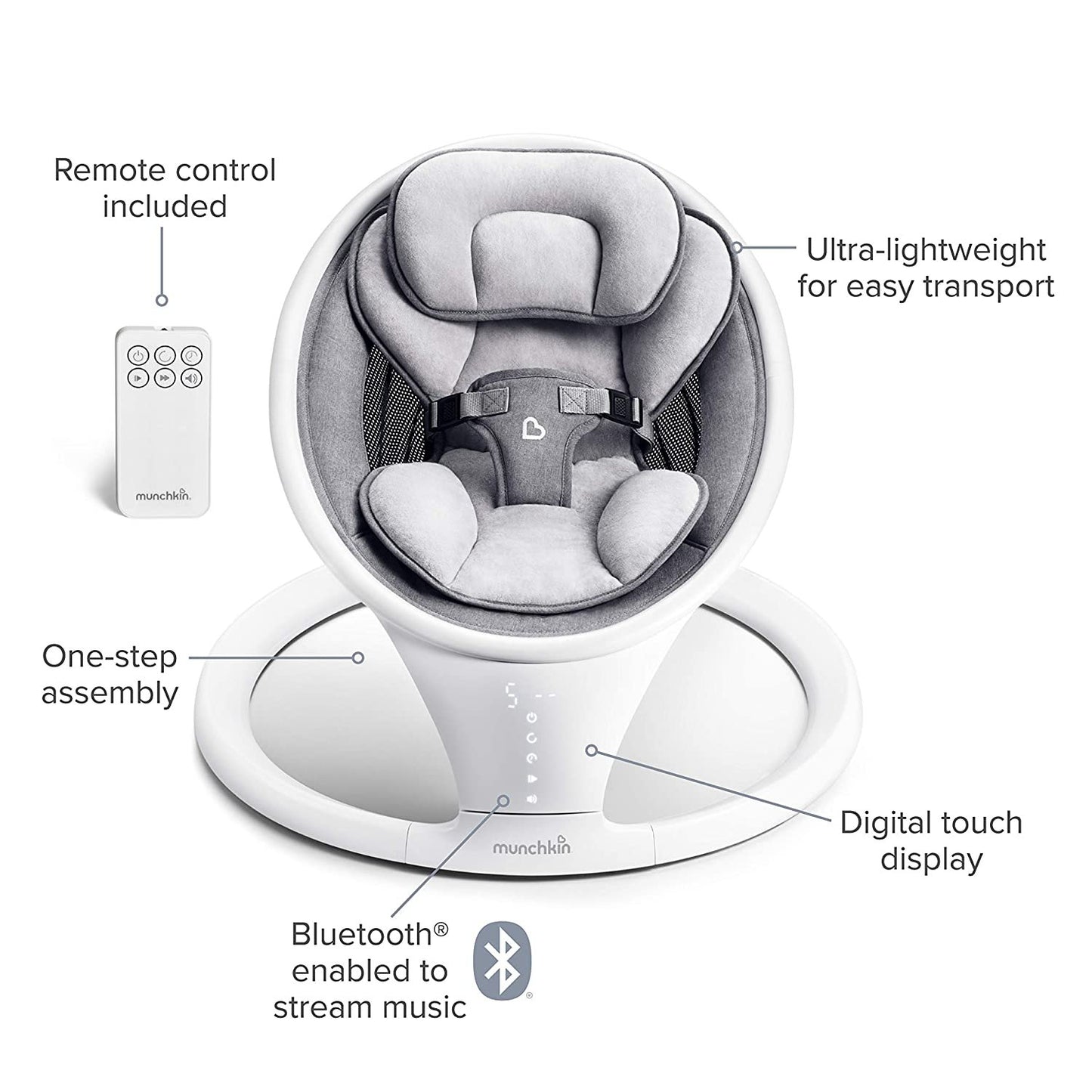 Munchkin Bluetooth Enabled Baby Swing, Newborn & Up, Gray