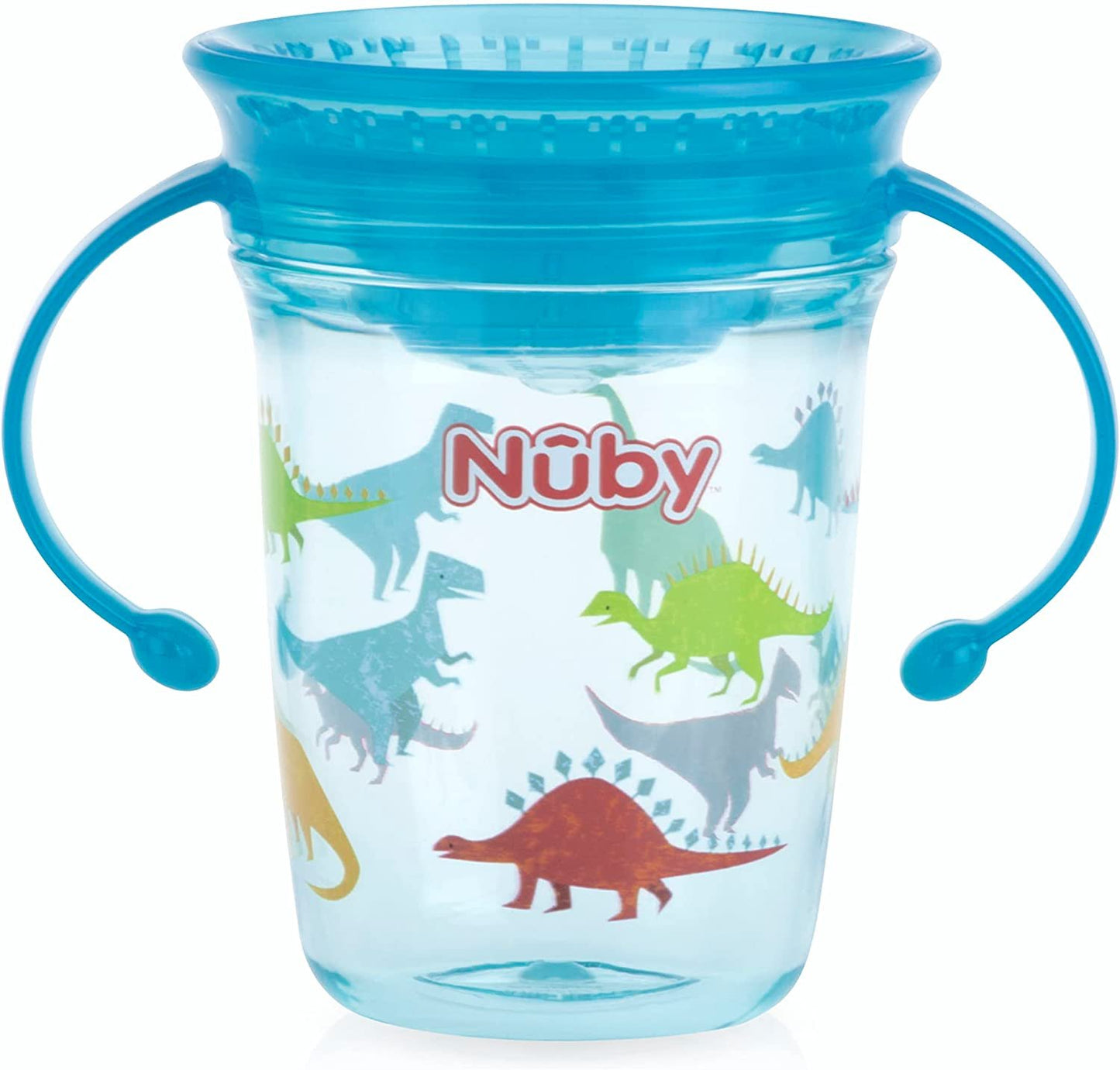 Nuby Tritan No Spill 2 Handle 360 Degree Printed Wonder Cup (Gray rain print, Red penguin, Aqua dinosaurs