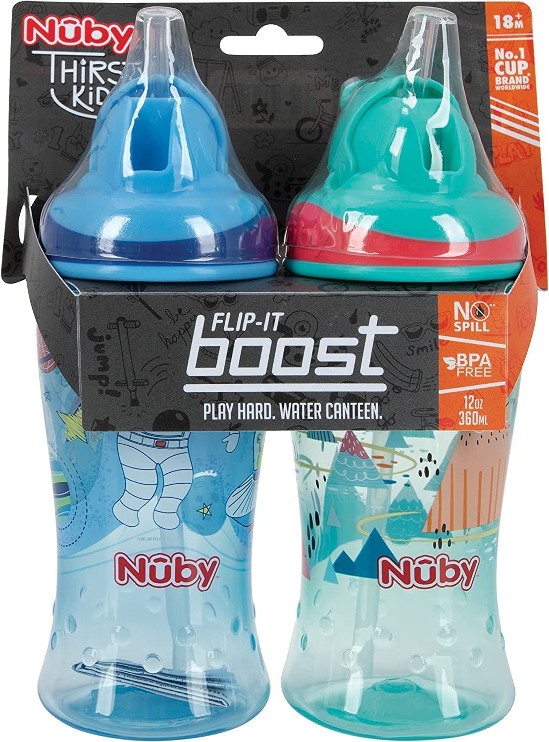Nuby Thirsty Kids No-Spill Flip-it Printed Boost Cup with Thin Soft Straw - 12oz, 18+ Months, (adventure mountains/ space)