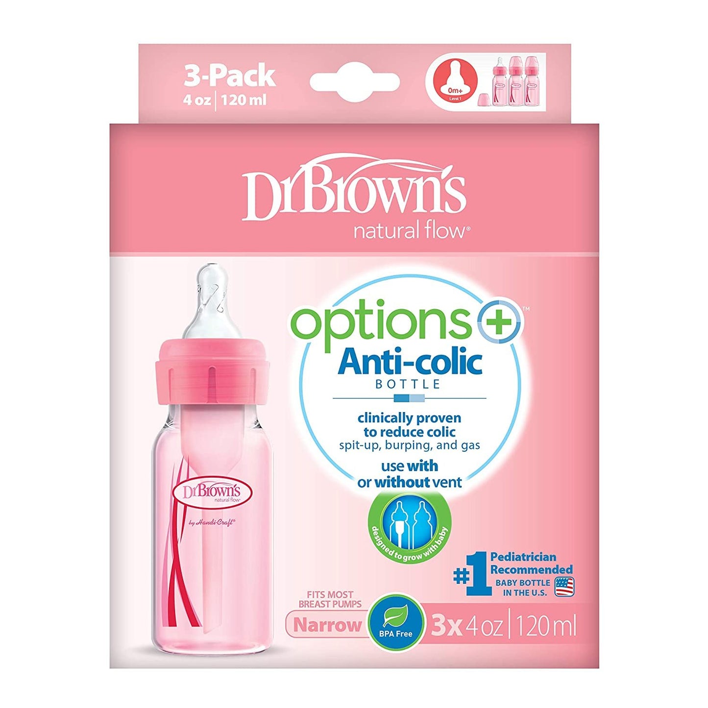 Dr. Brown's Options+ Baby Bottles, 4 Ounce, Pink, 3 Count