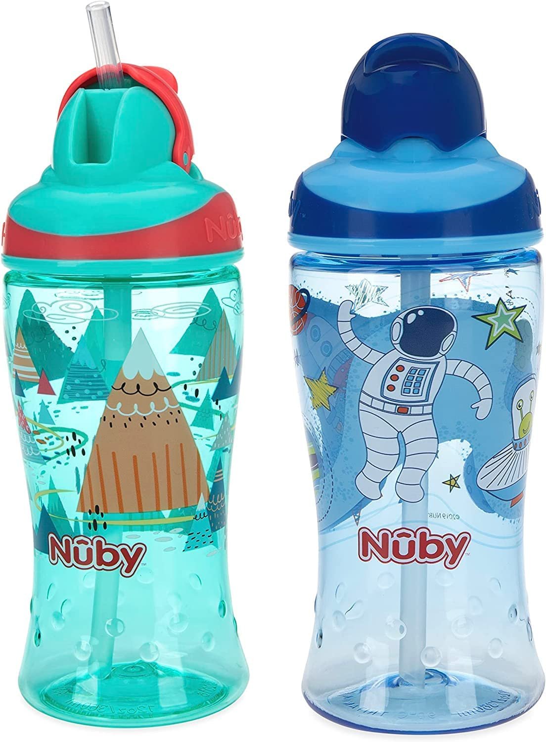 Nuby Thirsty Kids No-Spill Flip-it Printed Boost Cup with Thin Soft Straw - 12oz, 18+ Months, (adventure mountains/ space)