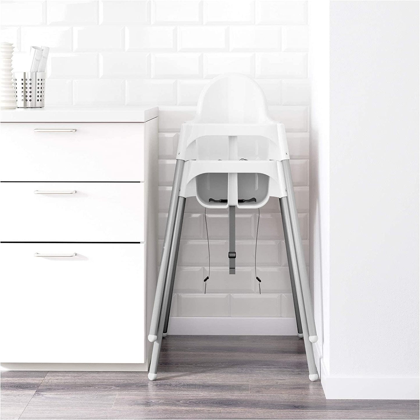 IKEA ANTILOOP Highchair with Safety Belt, White, Silver Color and ANTILOOP Highchair White