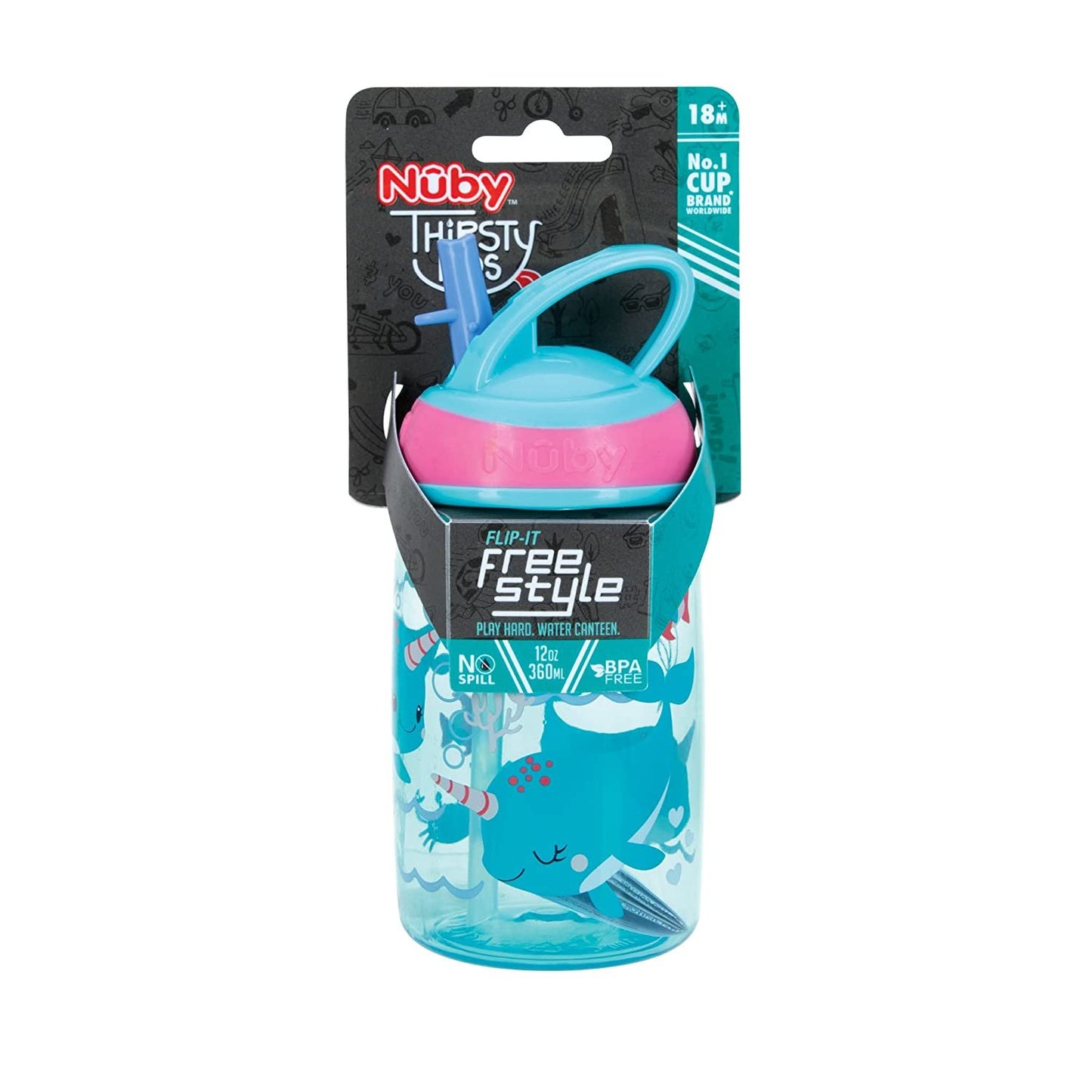 Nuby Flip-it Kids On-The-Go Printed Water Bottle with Bite Proof Hard Straw - 12oz / 360 ml, 18+ Months, 1pk Prints May Vary