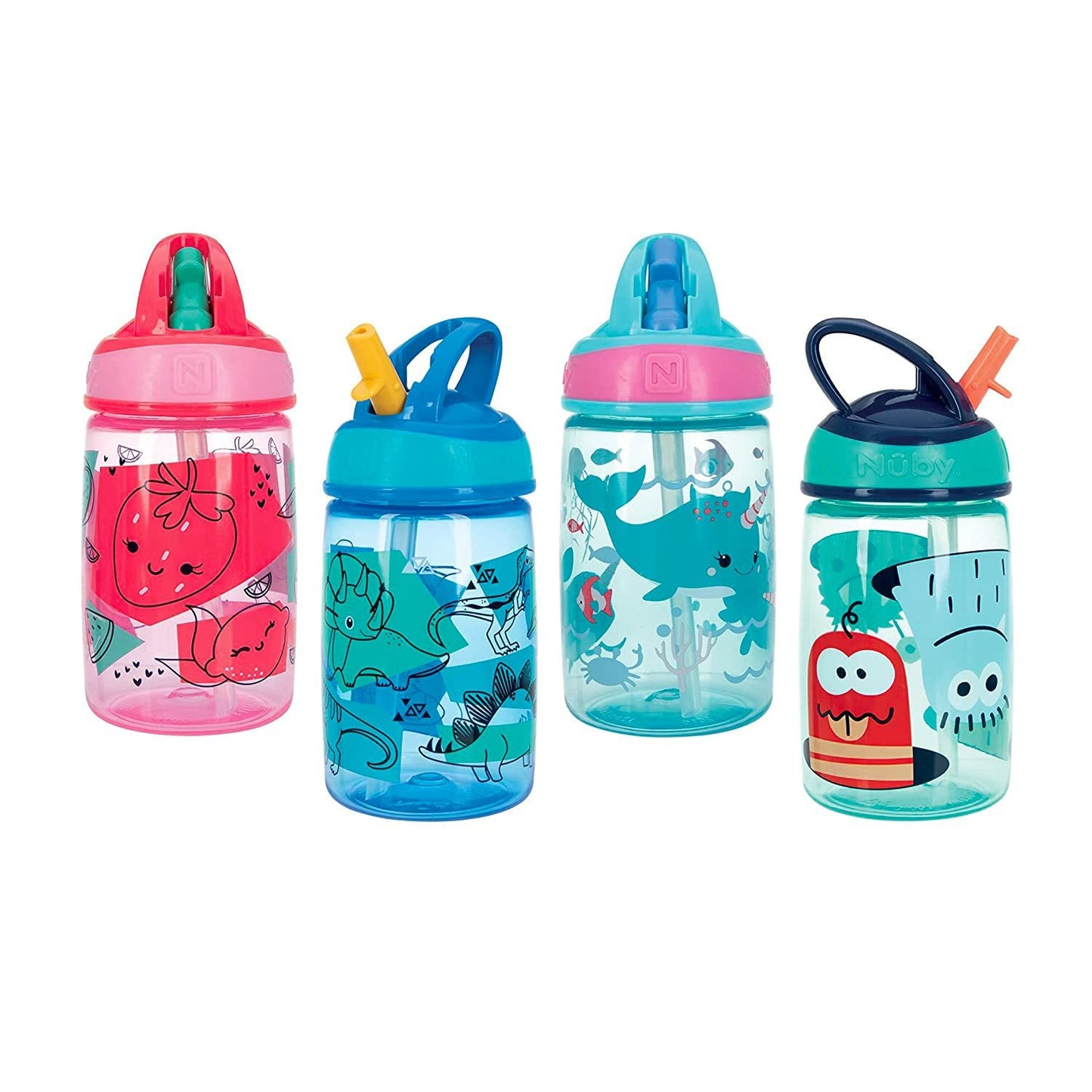 Nuby Flip-it Kids On-The-Go Printed Water Bottle with Bite Proof Hard Straw - 12oz / 360 ml, 18+ Months, 1pk Prints May Vary