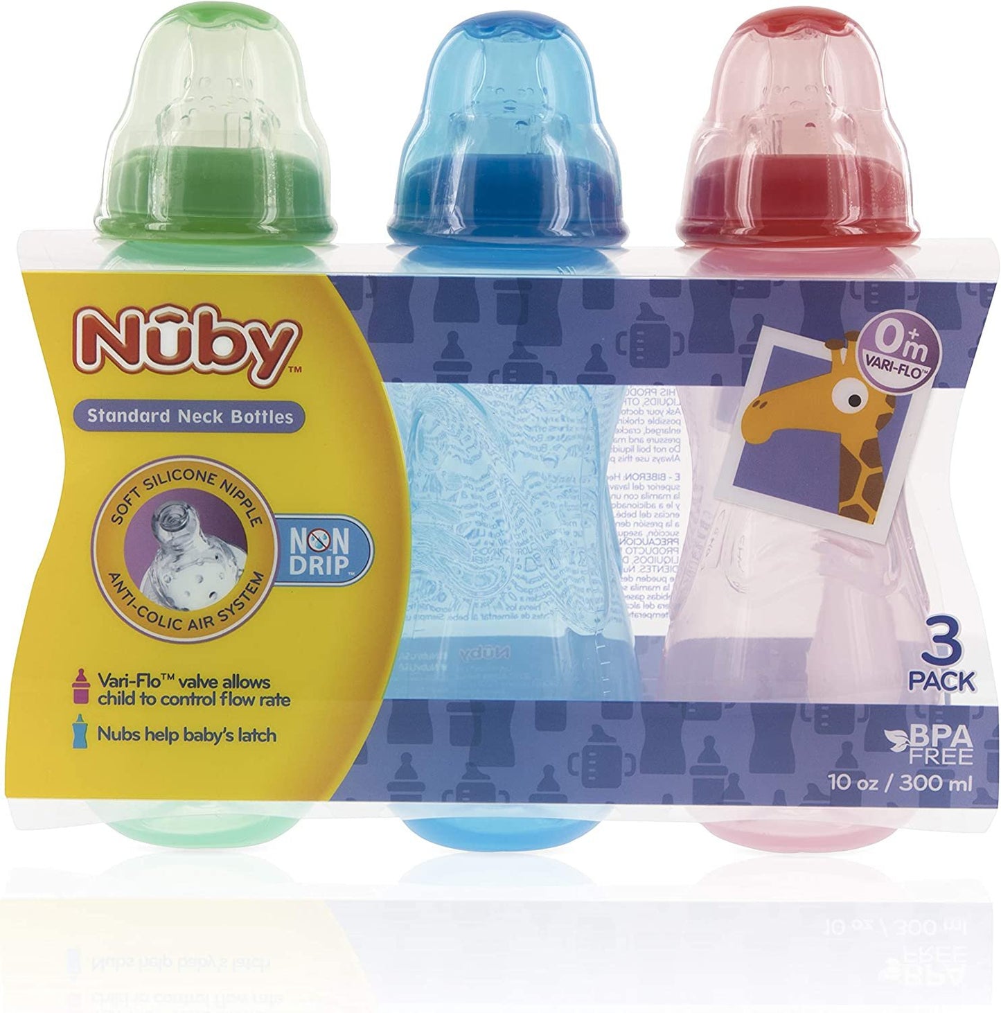 Nuby Non-Drip 3-Stage Wide Neck Bottle to Cup, 8 Ounce (Red/Blue/Green)