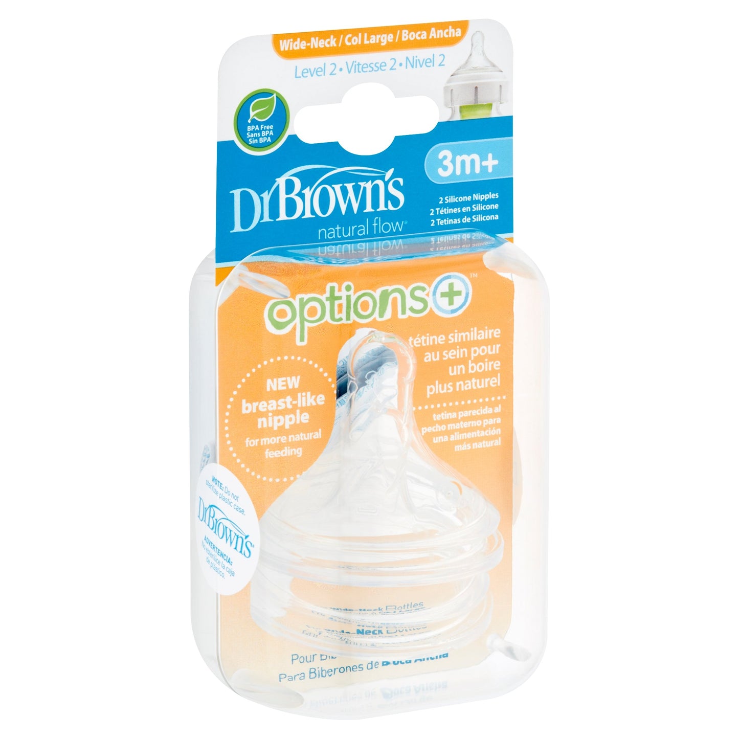 Dr. Brown's Natural Flow Options+ Wide-Neck Silicone Nipples, Level 2, 3m+, 2 count