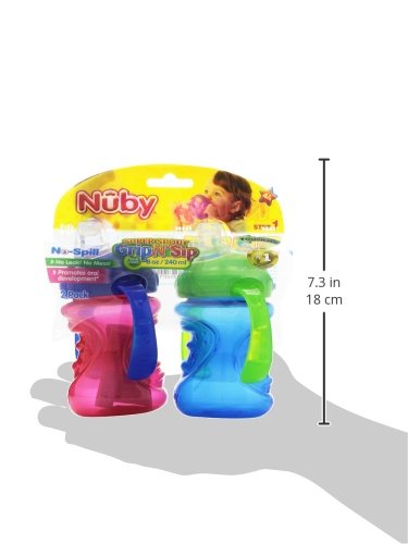 Nuby 2-Pack No-Spill Super Spout Grip N' Sip Cup, Red and Blue