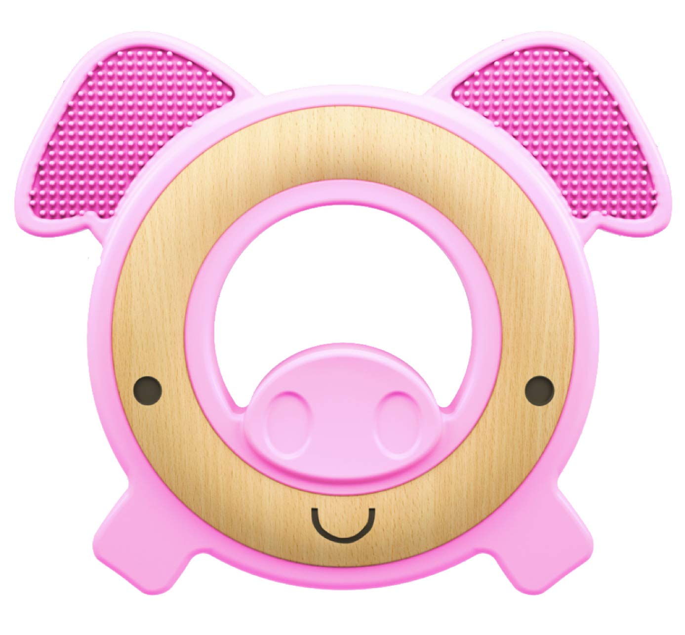 Nuby Natural Wood & Silicone Teether: Pig, 3M+, Pink (80803)