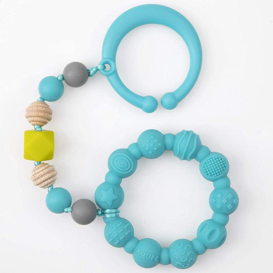 Nuby 100% Silicone Teether Ring with Silicone Beaded String and Clip for Carseat and Stroller, 3 Months + (Aqua)